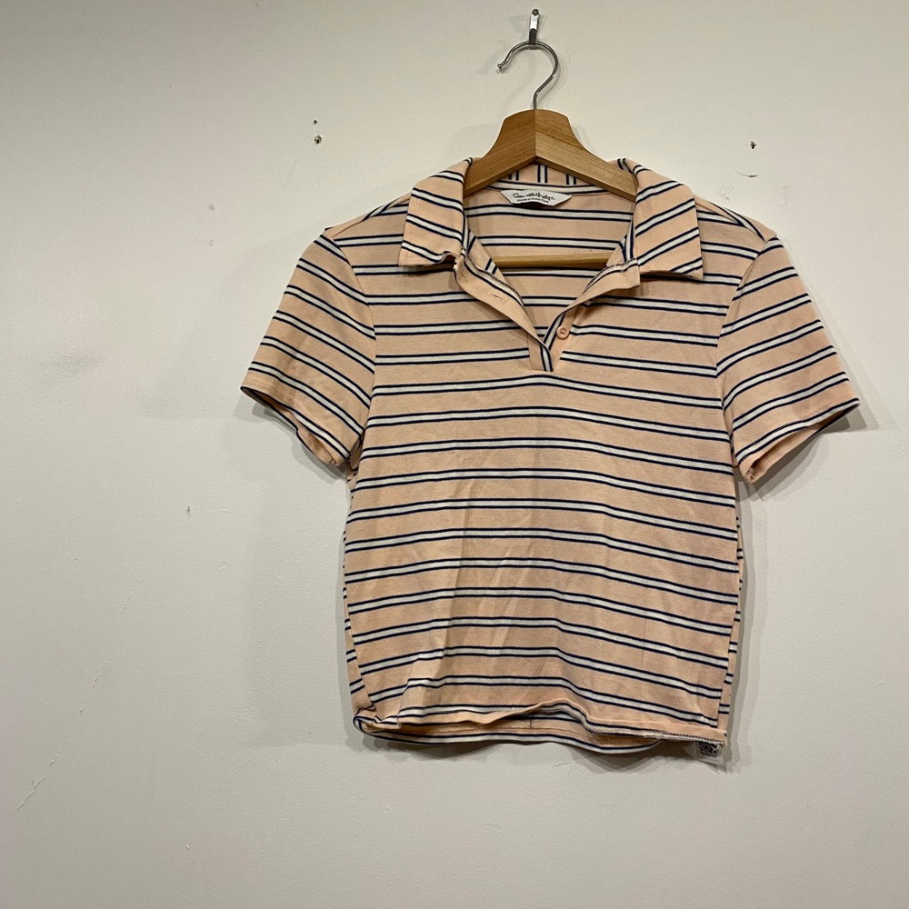 Miss Selfridge Peach Navy Striped Cotton Polo Shirt Size US 8 Short Sleeve Top